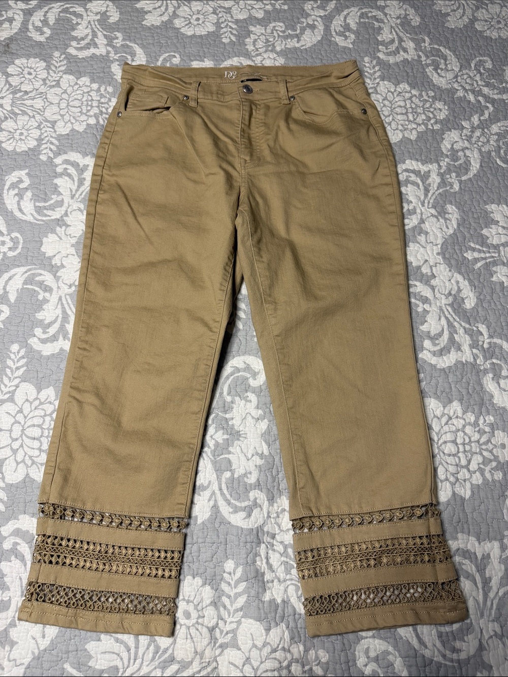 DG2 by Diane Gilman Cropped Tan Ankle Pants with Decorative Trim